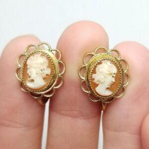Vintage AMCO 14k Gold Filled Carved Shell Cameo Clip On Screw Back Earrings
